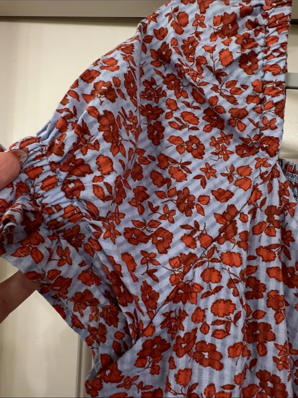 Madewell Light Blue Top with Red Floral Print and Puff Sleeves